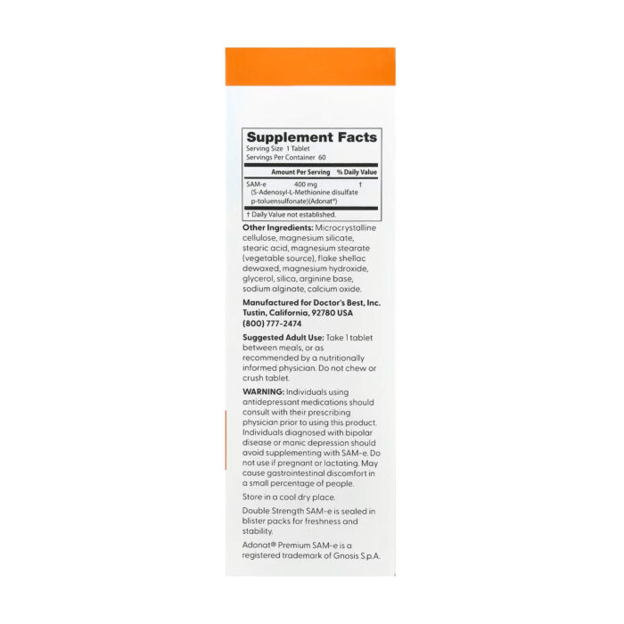 Doctor’s Best Double Strength SAM-e 400 mg (60 Enteric Coated Tablets) - Image 2